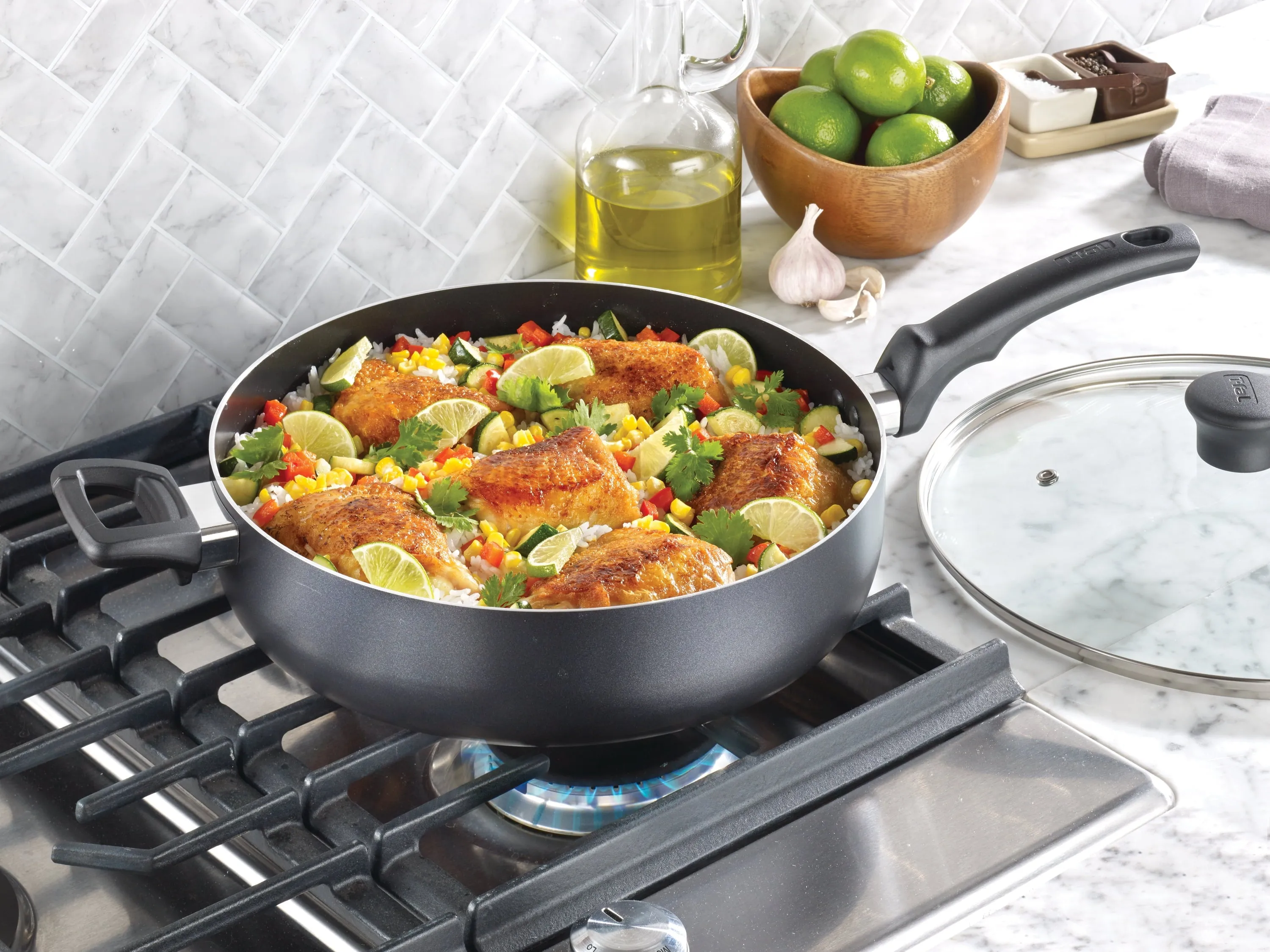 T-fal Kitchen Solutions Cookware, 5 Quart Non-Stick Jumbo Cooker With Lid, Black